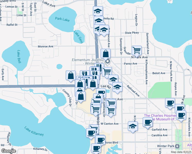 map of restaurants, bars, coffee shops, grocery stores, and more near 1251 Lee Road in Winter Park