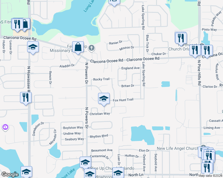 map of restaurants, bars, coffee shops, grocery stores, and more near 5326 Camrose Court in Orlando
