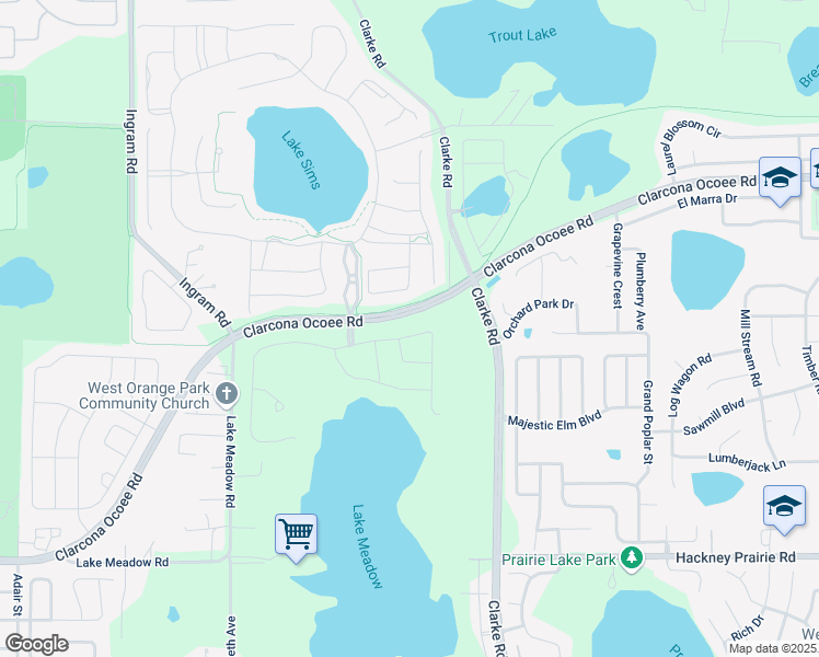map of restaurants, bars, coffee shops, grocery stores, and more near 2540 Red Berry Way in Ocoee