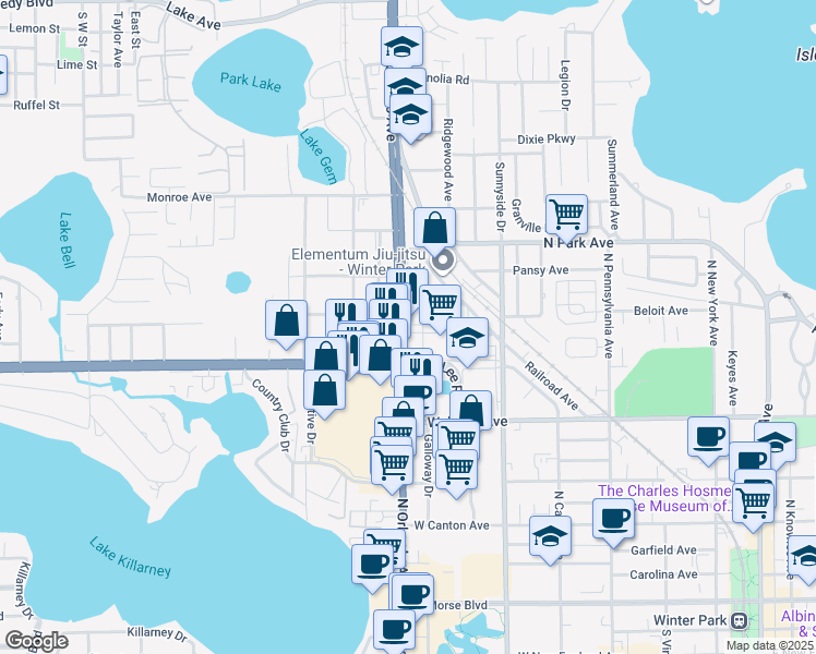 map of restaurants, bars, coffee shops, grocery stores, and more near 1150 Orlando Avenue in Winter Park