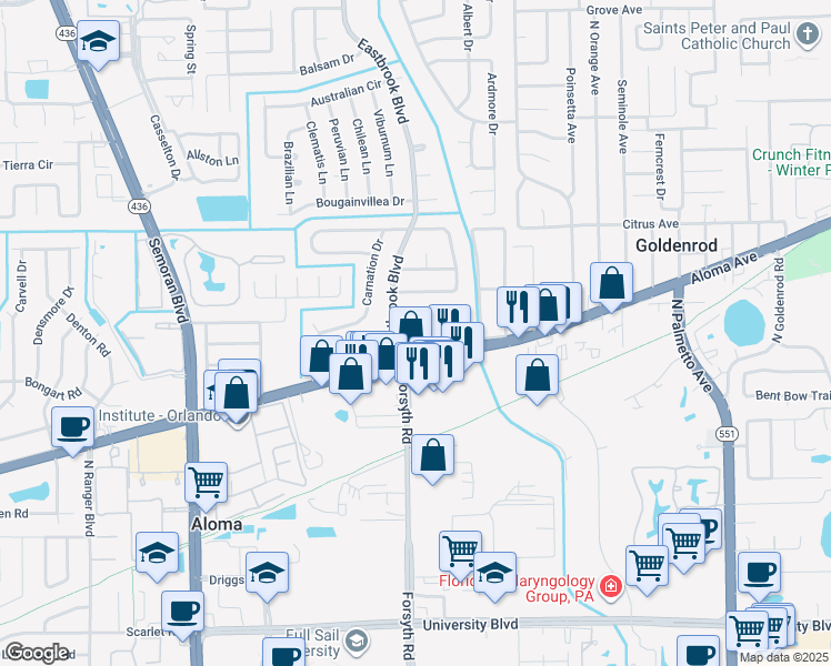 map of restaurants, bars, coffee shops, grocery stores, and more near 620 Oak Reserve Lane in Winter Park