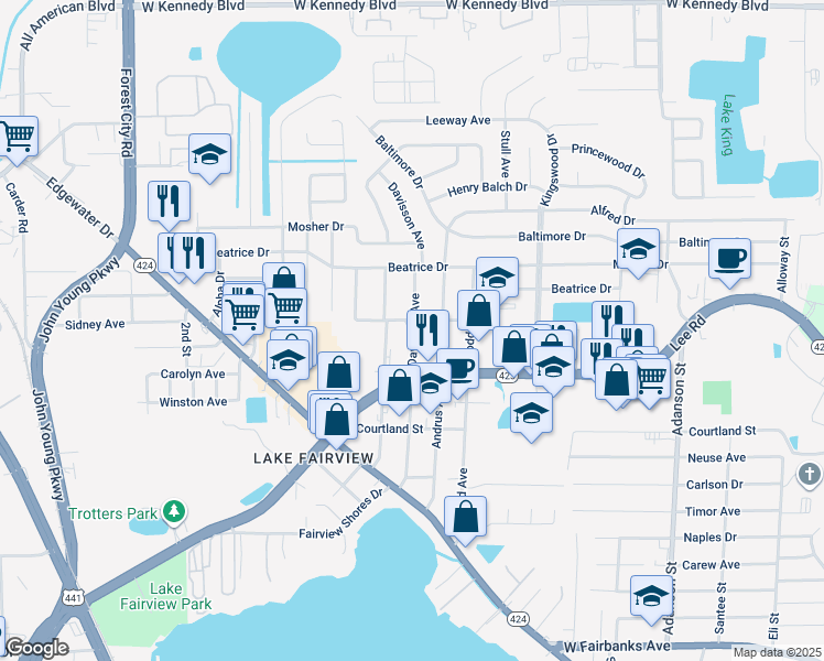 map of restaurants, bars, coffee shops, grocery stores, and more near 5309 Davisson Avenue in Orlando