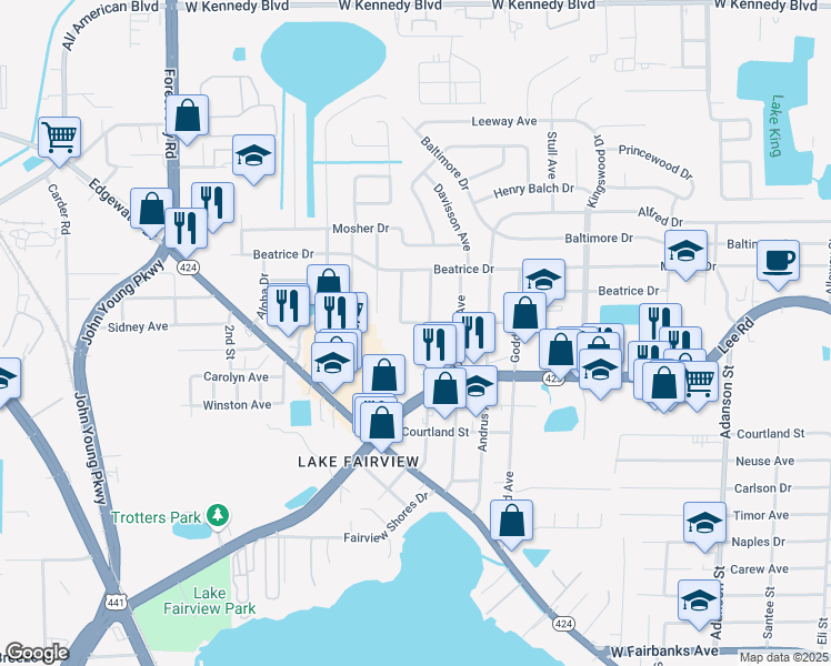 map of restaurants, bars, coffee shops, grocery stores, and more near 5300 Eggleston Avenue in Orlando