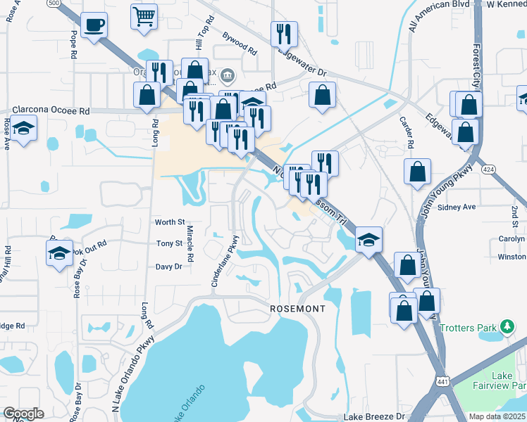 map of restaurants, bars, coffee shops, grocery stores, and more near 3927 Rosewood Way in Orlando