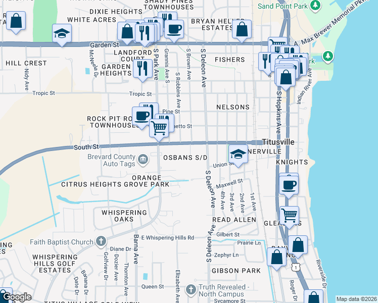 map of restaurants, bars, coffee shops, grocery stores, and more near 1112 Kennedy Court in Titusville