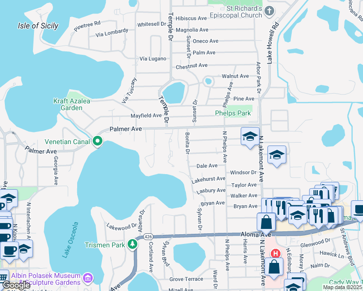 map of restaurants, bars, coffee shops, grocery stores, and more near 961 Bonita Drive in Winter Park