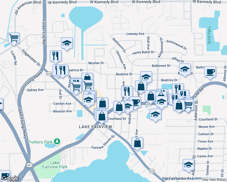 map of restaurants, bars, coffee shops, grocery stores, and more near 5300 Eggleston Avenue in Orlando