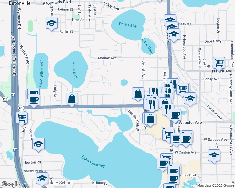 map of restaurants, bars, coffee shops, grocery stores, and more near 1695 Lee Road in Winter Park