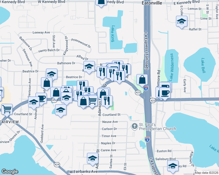 map of restaurants, bars, coffee shops, grocery stores, and more near in Fairview Shores