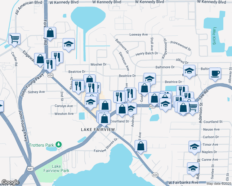 map of restaurants, bars, coffee shops, grocery stores, and more near 5300 Eggleston Avenue in Orlando