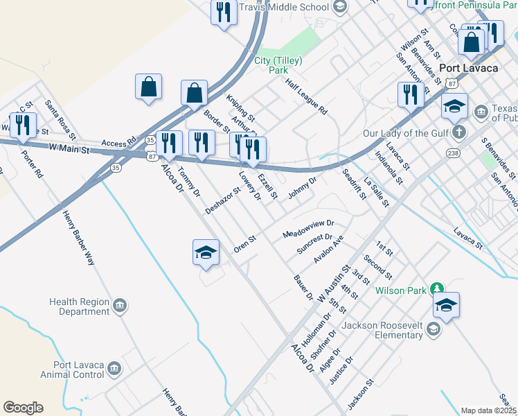 map of restaurants, bars, coffee shops, grocery stores, and more near 212 Lowery Drive in Port Lavaca