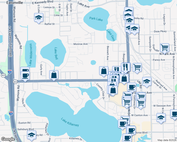 map of restaurants, bars, coffee shops, grocery stores, and more near 1695 Lee Road in Winter Park
