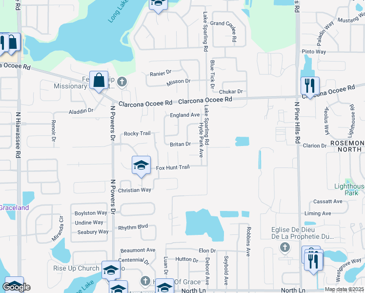 map of restaurants, bars, coffee shops, grocery stores, and more near 5436 Britan Drive in Orlando