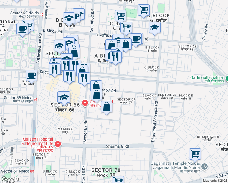 map of restaurants, bars, coffee shops, grocery stores, and more near B-20 Sector 67 Road in Noida