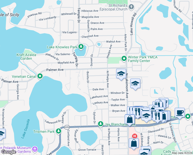 map of restaurants, bars, coffee shops, grocery stores, and more near 1601 Oakhurst Avenue in Winter Park