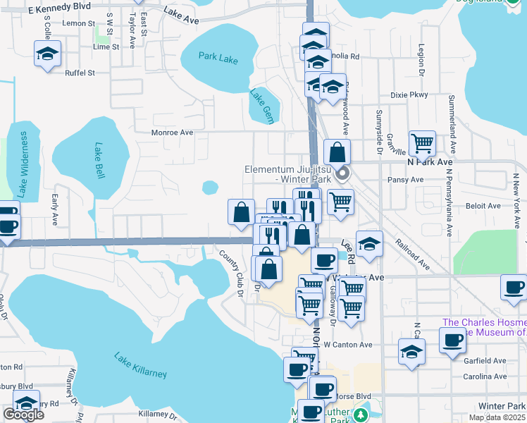 map of restaurants, bars, coffee shops, grocery stores, and more near 1400 Morgan Stanley Ave in Winter Park