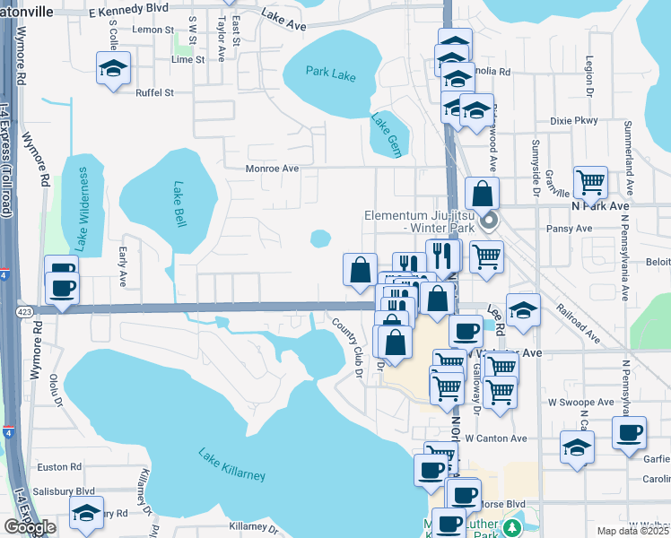 map of restaurants, bars, coffee shops, grocery stores, and more near 1695 Lee Road in Winter Park