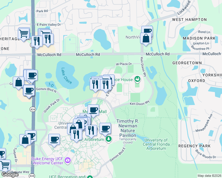 map of restaurants, bars, coffee shops, grocery stores, and more near East Plaza Drive in Oviedo