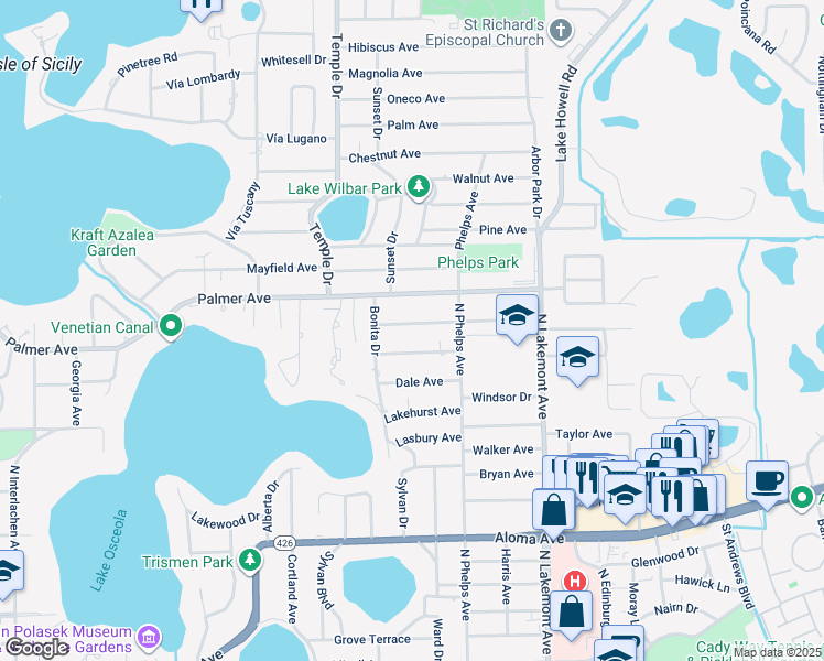 map of restaurants, bars, coffee shops, grocery stores, and more near 1601 Oakhurst Avenue in Winter Park