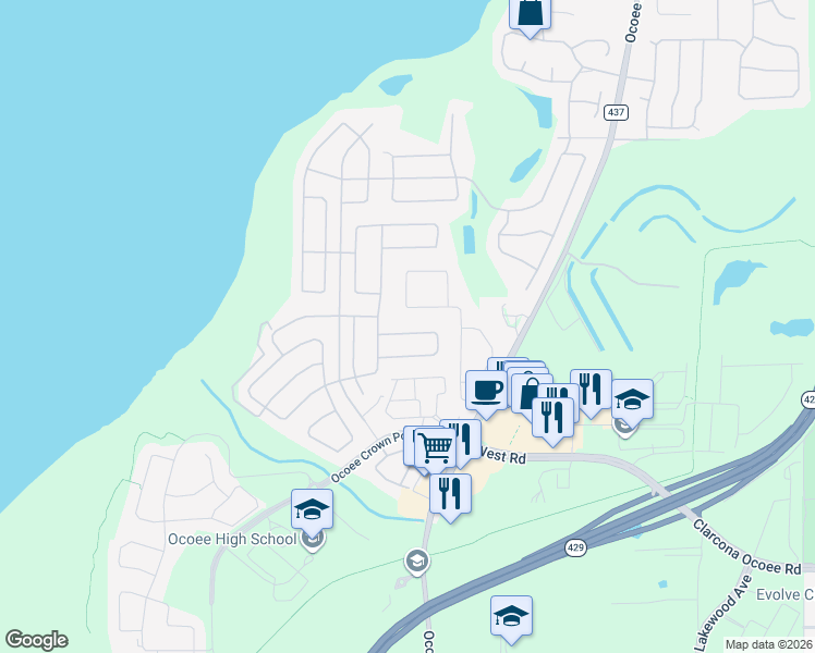 map of restaurants, bars, coffee shops, grocery stores, and more near 2716 Cabernet Circle in Ocoee