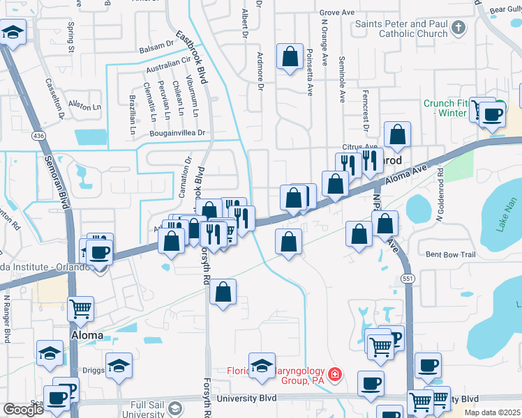 map of restaurants, bars, coffee shops, grocery stores, and more near 6999 Aloma Avenue in Winter Park