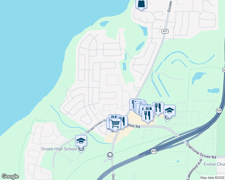 map of restaurants, bars, coffee shops, grocery stores, and more near 2716 Cabernet Circle in Ocoee