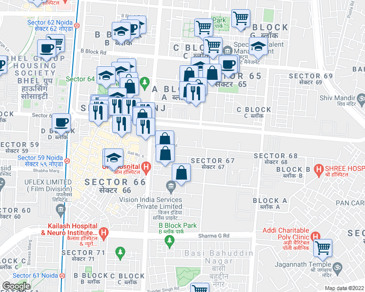 map of restaurants, bars, coffee shops, grocery stores, and more near B-20 Sector 67 Road in Noida