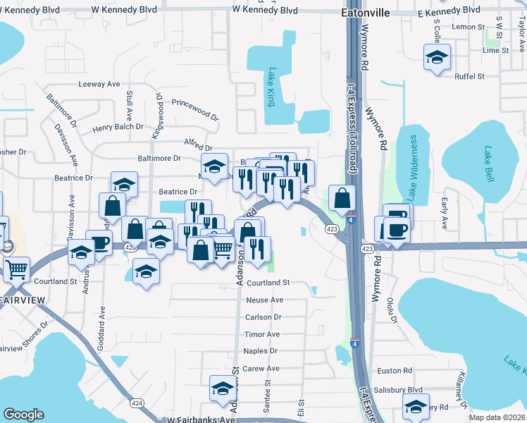map of restaurants, bars, coffee shops, grocery stores, and more near in Fairview Shores