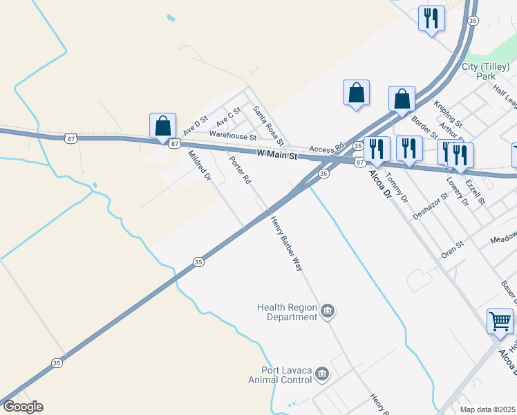 map of restaurants, bars, coffee shops, grocery stores, and more near 2805 Texas 35 in Port Lavaca