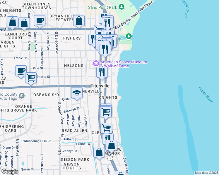 map of restaurants, bars, coffee shops, grocery stores, and more near 701 Indian River Avenue in Titusville