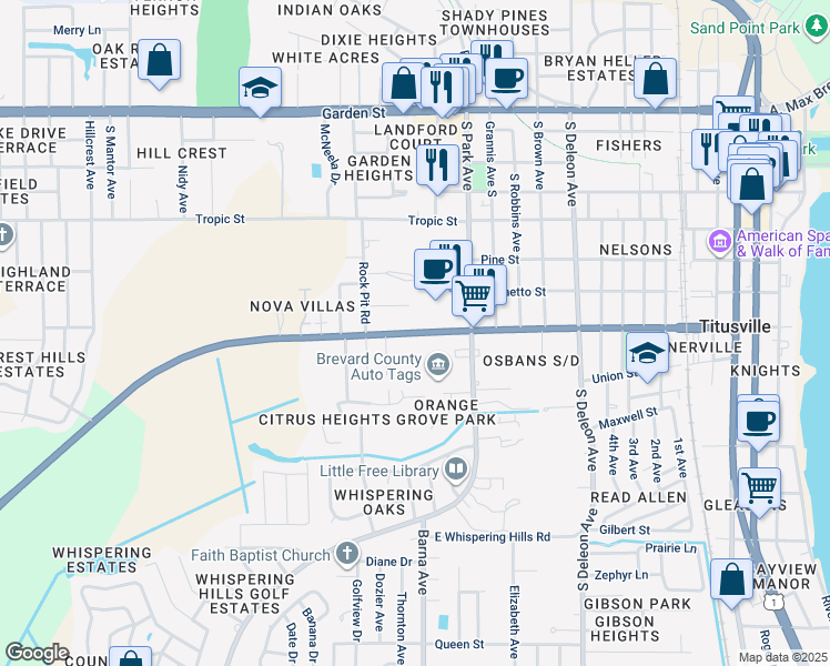 map of restaurants, bars, coffee shops, grocery stores, and more near 1606 South Street in Titusville