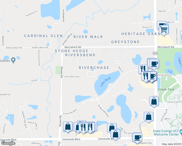 map of restaurants, bars, coffee shops, grocery stores, and more near 11513-11519 Robbyes Drive in Orlando