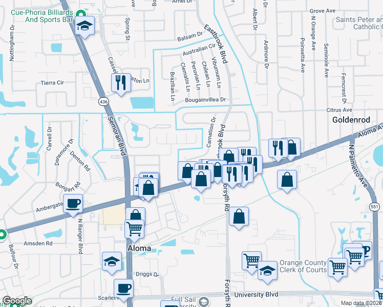 map of restaurants, bars, coffee shops, grocery stores, and more near 745 Carnation Drive in Winter Park