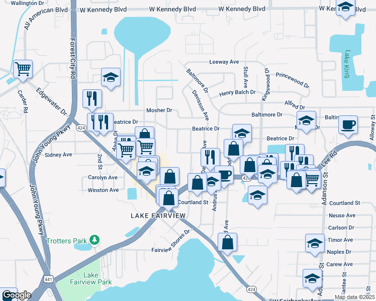 map of restaurants, bars, coffee shops, grocery stores, and more near 5300 Eggleston Avenue in Orlando