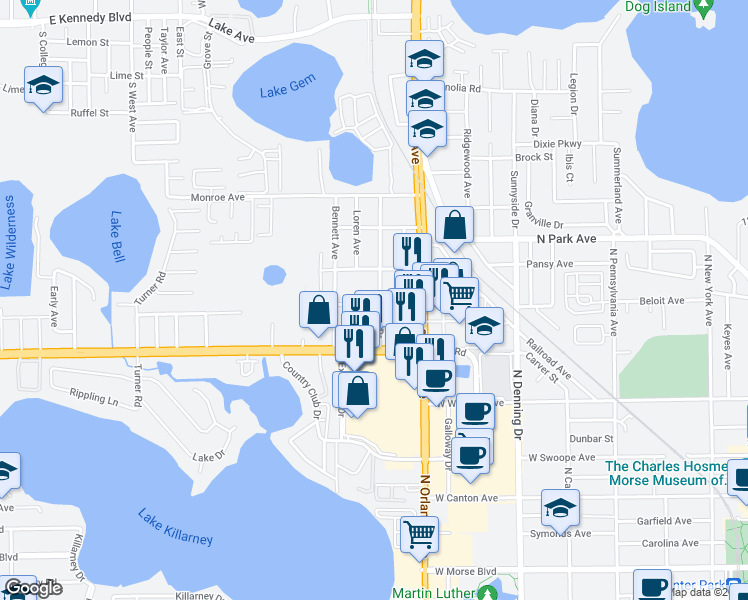map of restaurants, bars, coffee shops, grocery stores, and more near 1105 Lewis Drive in Winter Park