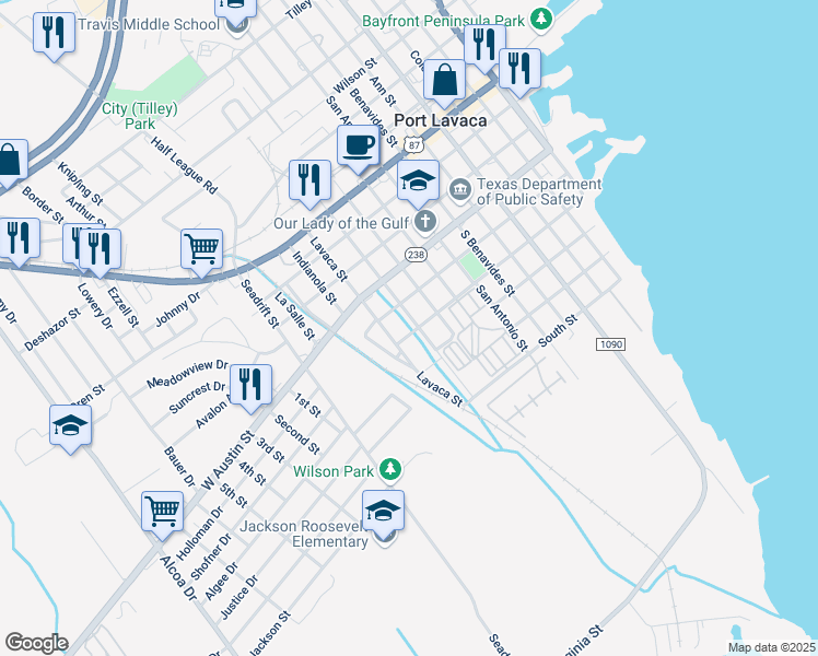 map of restaurants, bars, coffee shops, grocery stores, and more near 522 South Juanita Street in Port Lavaca