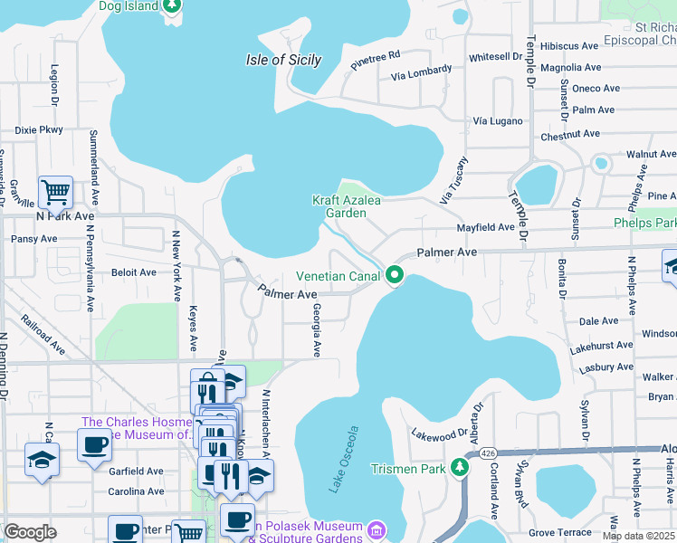 map of restaurants, bars, coffee shops, grocery stores, and more near 1077 McKean Circle in Winter Park