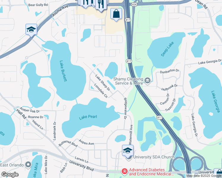 map of restaurants, bars, coffee shops, grocery stores, and more near 4713 Lake Sharp Drive in Orlando