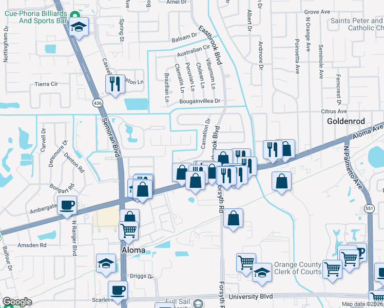 map of restaurants, bars, coffee shops, grocery stores, and more near 745 Carnation Drive in Winter Park