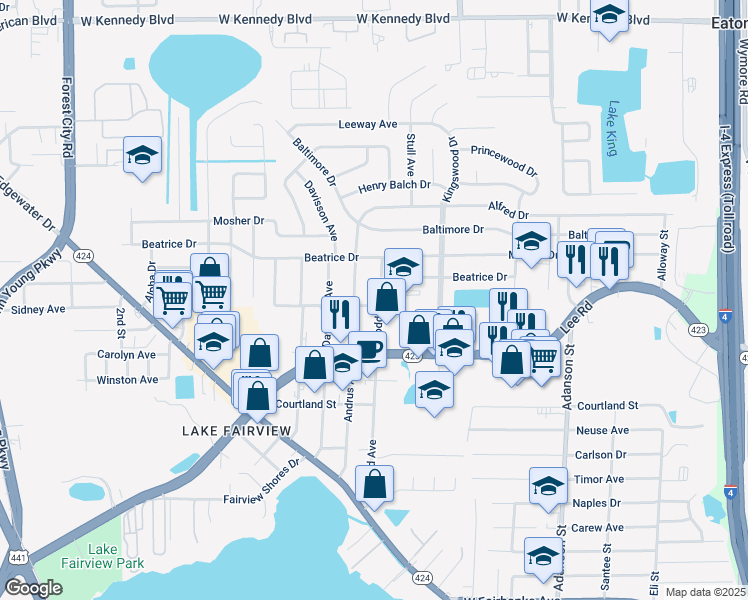 map of restaurants, bars, coffee shops, grocery stores, and more near 5306 Goddard Avenue in Orlando