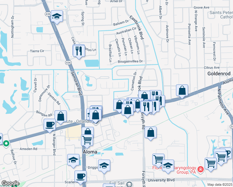 map of restaurants, bars, coffee shops, grocery stores, and more near 663 Carnation Court in Winter Park