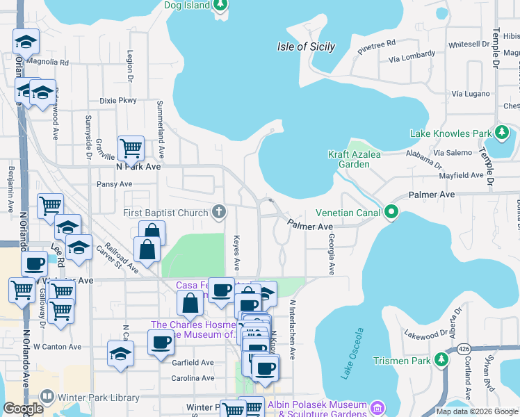 map of restaurants, bars, coffee shops, grocery stores, and more near 1101 North Park Avenue in Winter Park