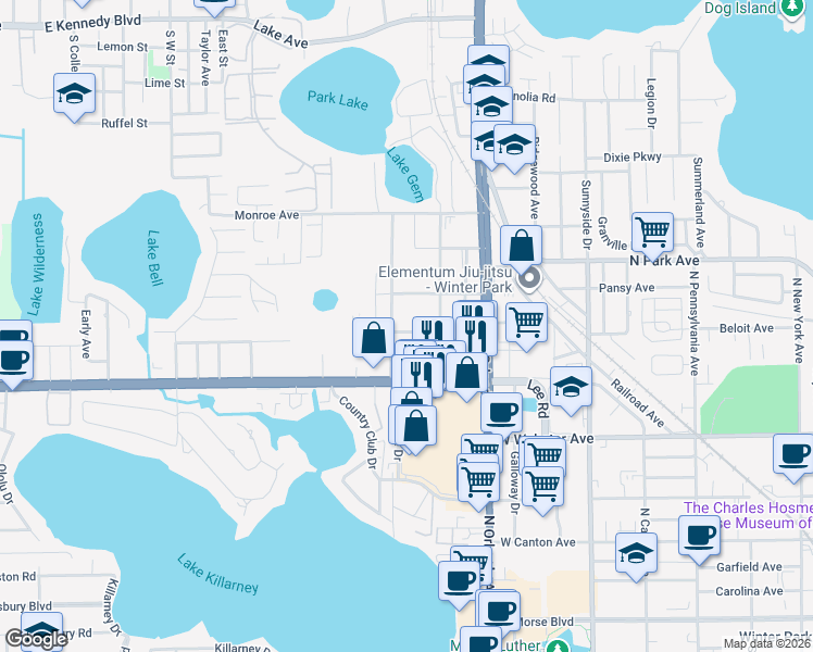 map of restaurants, bars, coffee shops, grocery stores, and more near 1112 Park Green Place in Winter Park