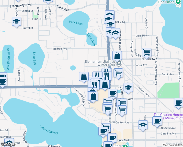 map of restaurants, bars, coffee shops, grocery stores, and more near 1112 Park Green Place in Winter Park
