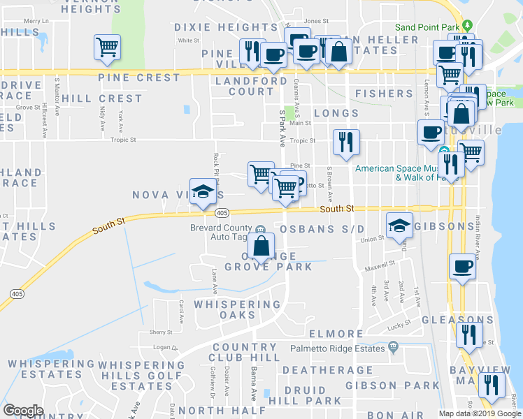 map of restaurants, bars, coffee shops, grocery stores, and more near 1594 South Street in Titusville