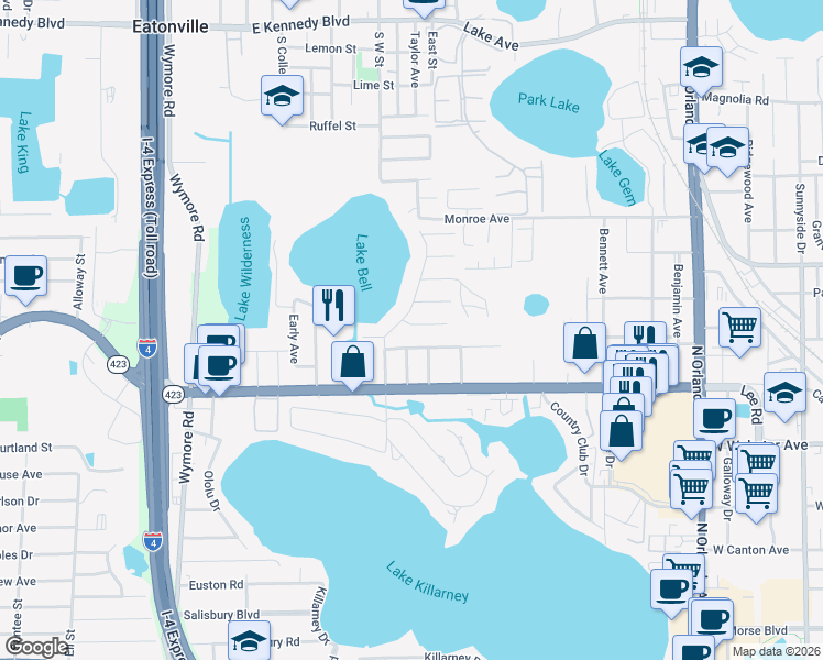 map of restaurants, bars, coffee shops, grocery stores, and more near 2030 Galen Avenue in Winter Park