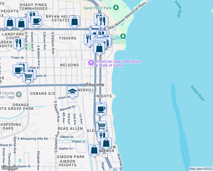 map of restaurants, bars, coffee shops, grocery stores, and more near 701 Indian River Avenue in Titusville