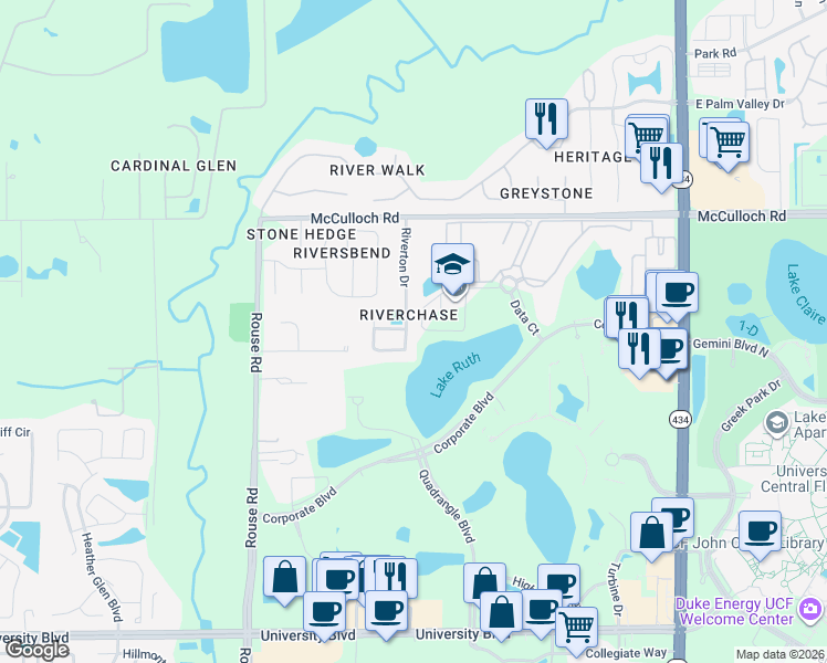 map of restaurants, bars, coffee shops, grocery stores, and more near 4629 Riverton Drive in Orlando
