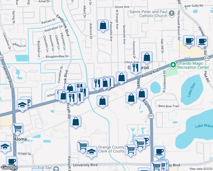 map of restaurants, bars, coffee shops, grocery stores, and more near 4784 Tangerine Avenue in Winter Park