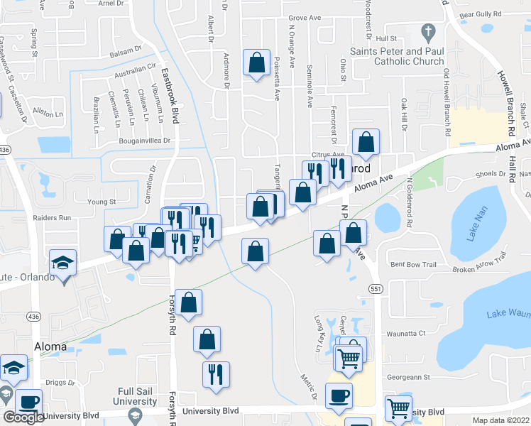 map of restaurants, bars, coffee shops, grocery stores, and more near 4784 Tangerine Avenue in Winter Park